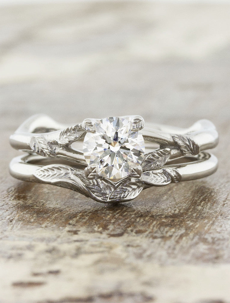 nature-inspired leaf wedding band & diamond solitaire engagement ring