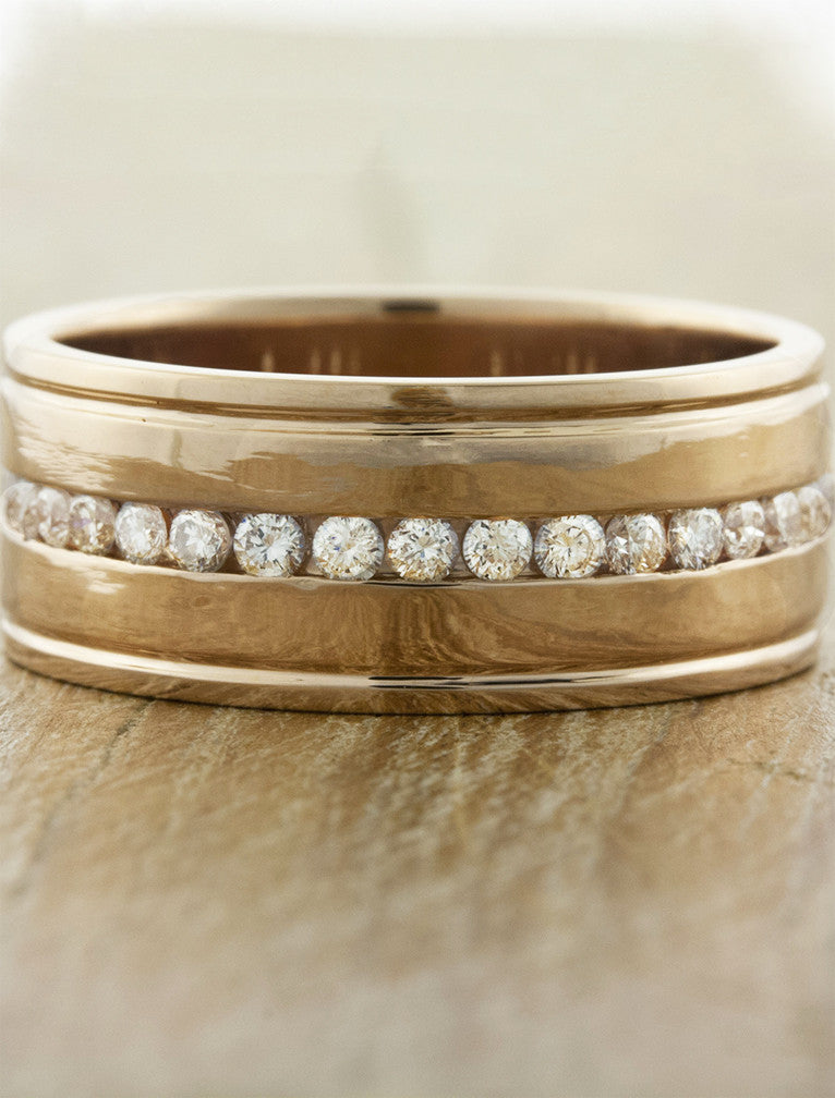 8mm men's wedding band with diamonds. caption:Shown in rose gold without plating