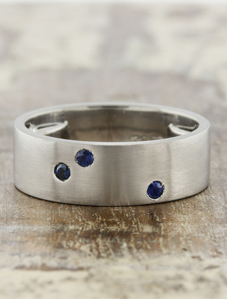 unique men's brushed metal wedding ring, gemstone accents