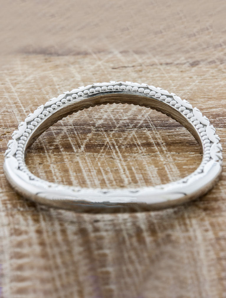 Hand Engraved Curved Wedding Ring with diamonds