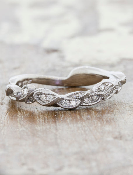 Contoured, Layered Leaf Design Wedding Ring caption: 18k White Gold