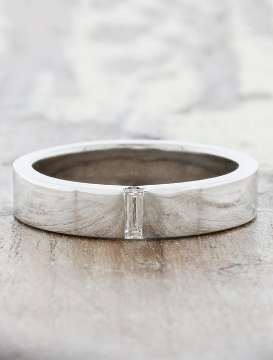 Modern Men's 5mm Wedding Band, Baguette Shaped Diamond  caption: 4.5mm Platinum Band