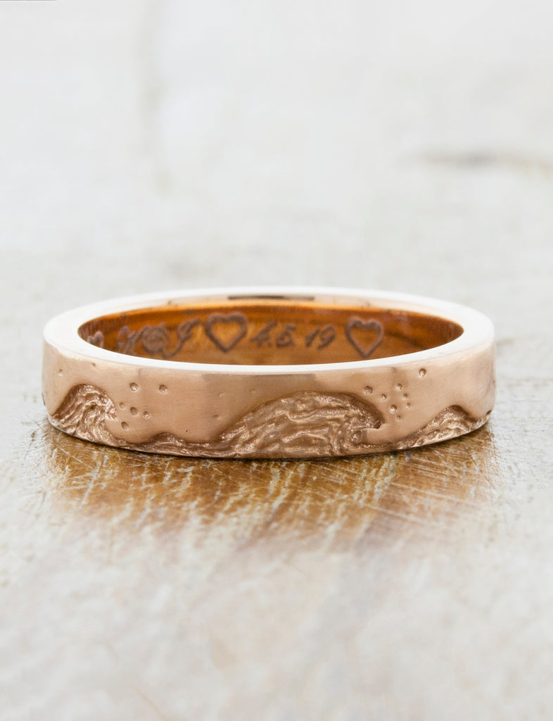  Custom Wave Wedding Ring caption: 4mm Width of the Band in 14k Rose Gold