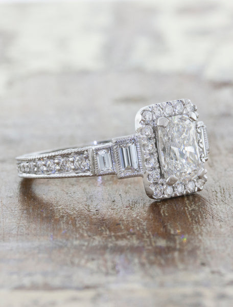 Vintage Inspired Radiant Diamond Halo Engagement Ring