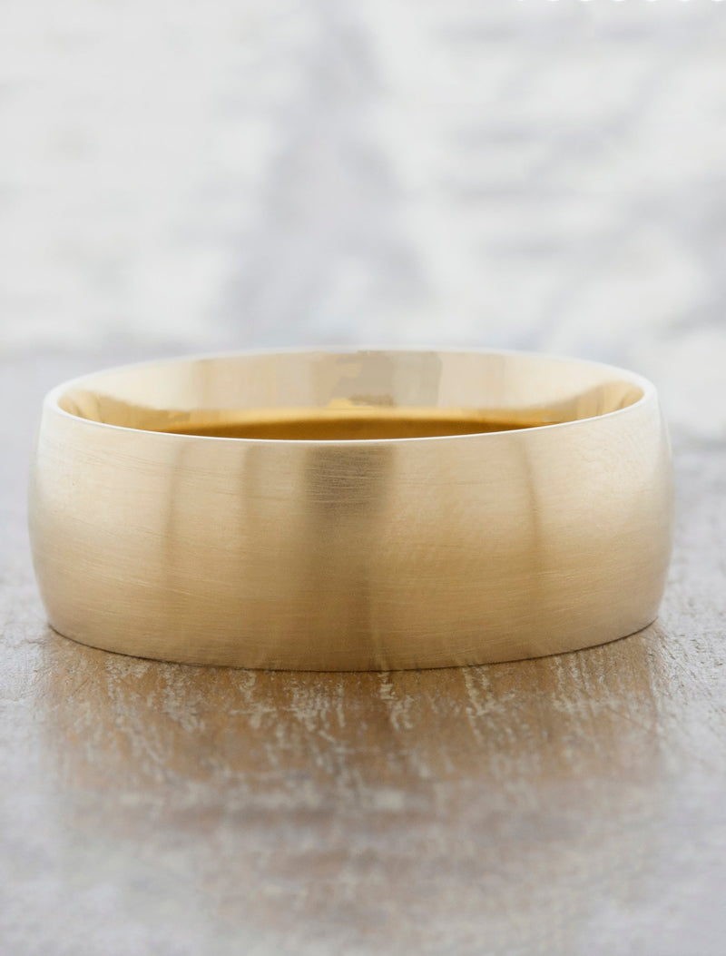 caption:Custom 10mm width in 14k yellow gold, satin brush
