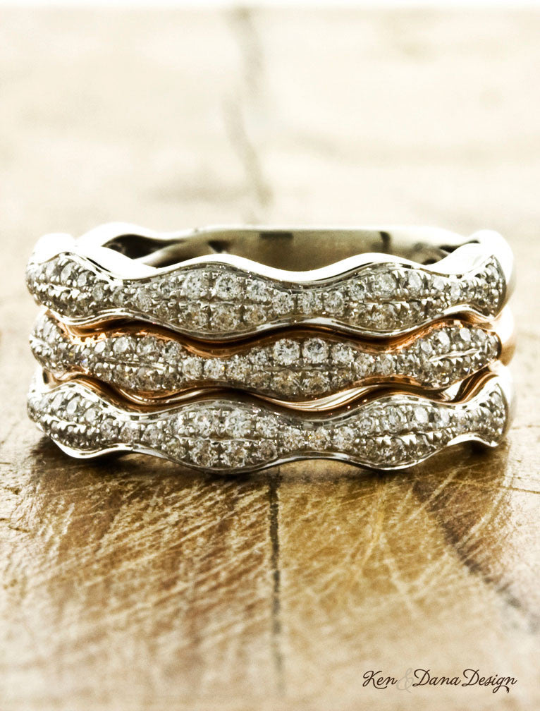 caption:Stacked platinum, 14k rose gold, & platinum