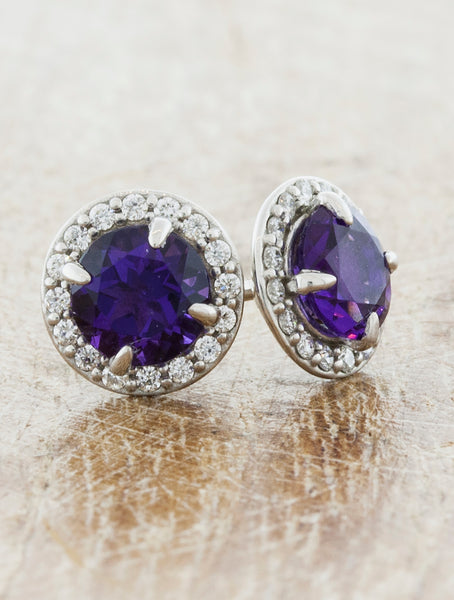 Halo Amethyst Halo Earrings caption:5mm Round Amethyst in 14k White Gold