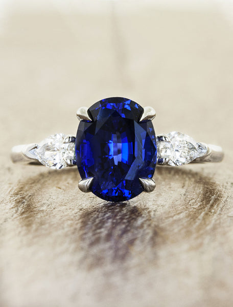 oval sapphire three stone engagement ring, pear side diamonds