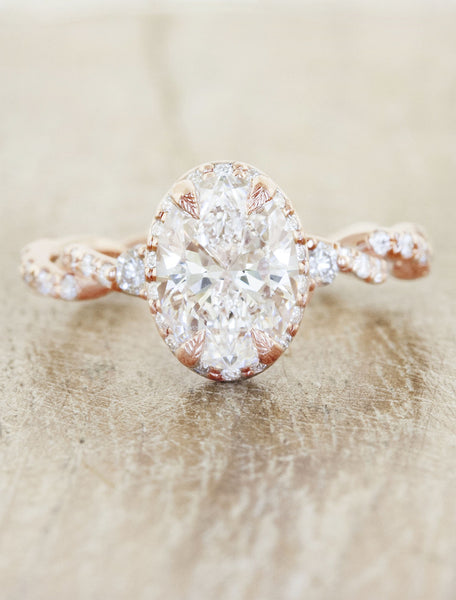 oval vintage inspired diamond ring, twisted band;caption:2.00ct. Oval Diamond 14k Rose Gold