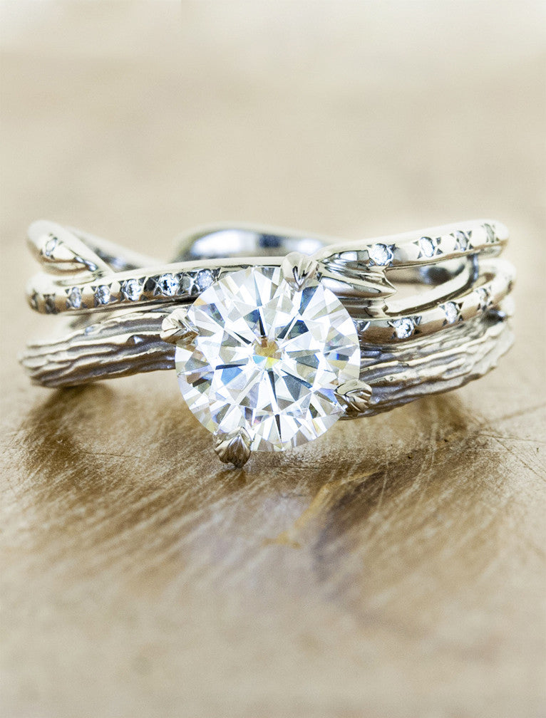 Nature inspired engagement ring - Laurel caption:1.50ct. Round Diamond 14k White Gold paired with Selene wedding band