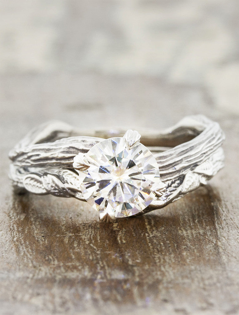 contoured, layered leaf design weding ring - paired with engagement ring