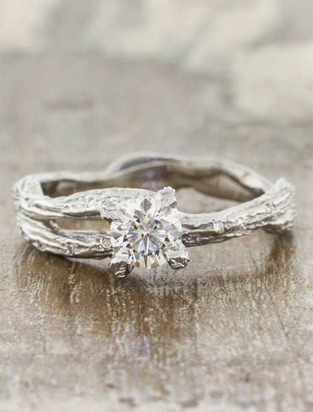 Nature-inspired solitaire engagement ring with bark texture