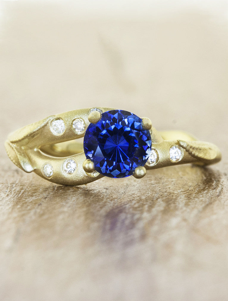 caption:Shown with round blue sapphire in yellow gold, sandblast finish