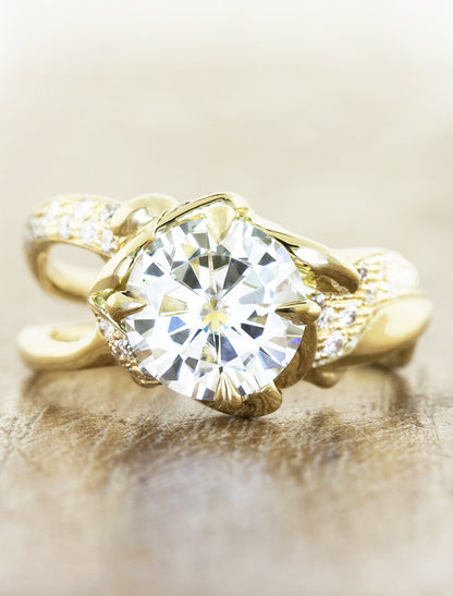 2 ct nature inspired split shank diamond engagement ring, pave set diamond band - yellow gold;caption:2.00ct. Round Diamond 14k Yellow Gold