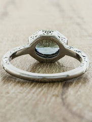 intricate vintage-inspired band, blue/green sapphire engagement ring