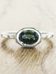 vintage inspired oval blue/green sapphire engagement ring