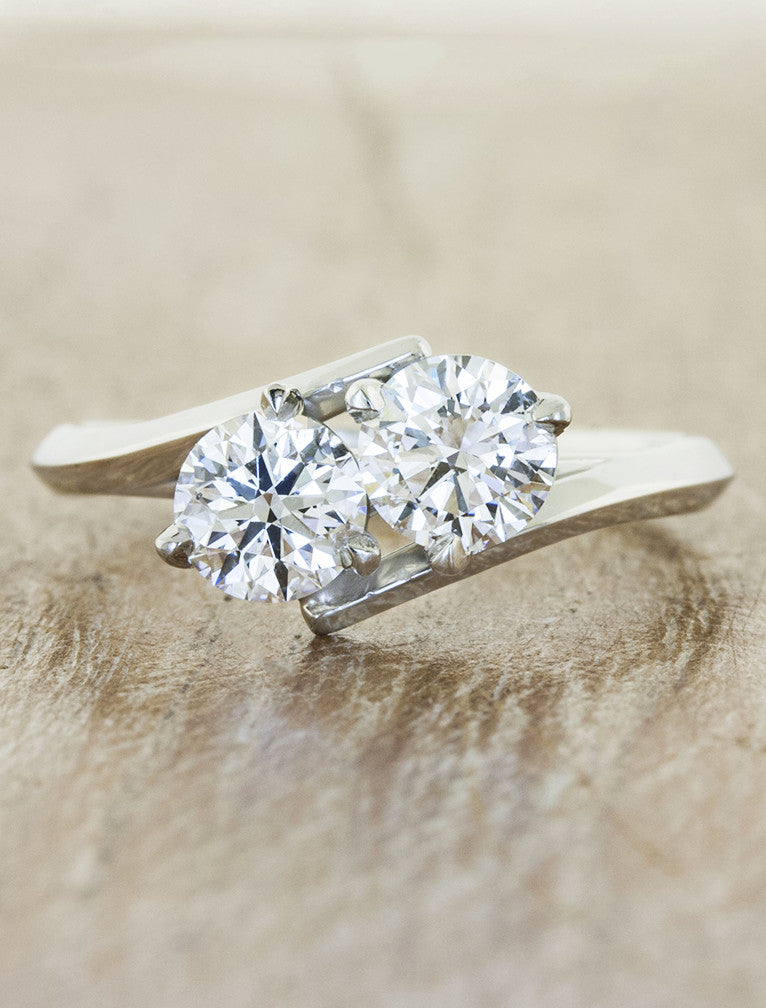 two stone diamond engagement ring, asymmetrical band. caption:Shown with two 0.6ct diamonds