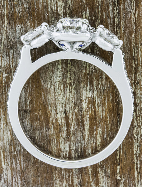 three stone diamond engagement ring, halo - antique inspired