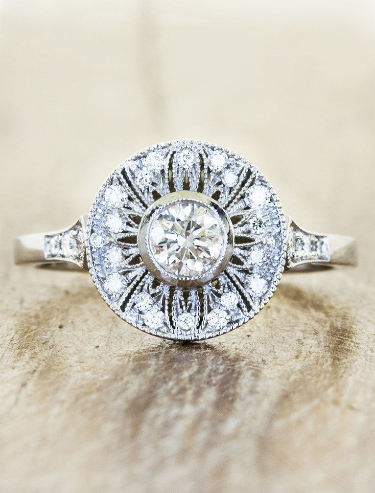 Vintage inspired engagement ring, caption:0.23ct. Round Diamond Platinum