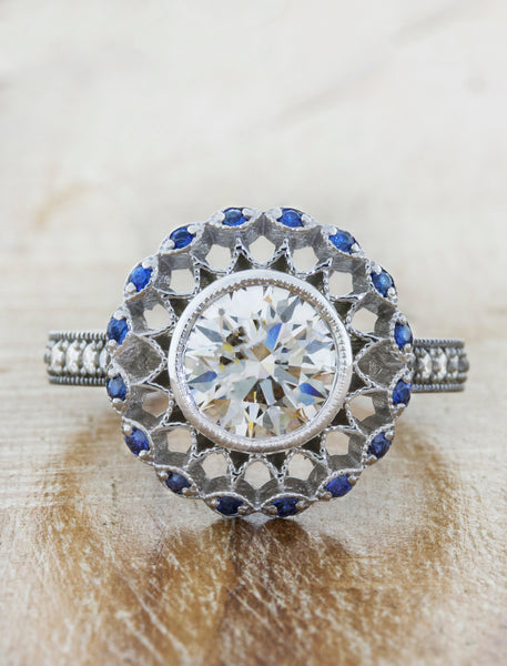 Sapphire Halo Vintage Inspired Engagement Ring