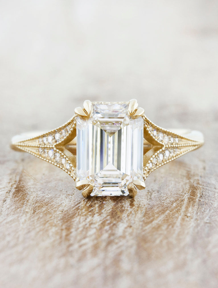 Emerald Diamond Split Band Engagement Ring. caption:Shown with a 1.5ct emerald cut diamond