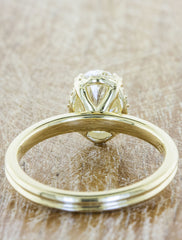sleek modern gold band, oval diamond 4 prong engagement ring