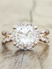 intricate round diamond split shank engagement ring;caption:3.03ct. Cushion Cut Diamond 14k Rose Gold