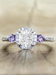 halo cushion cut diamond engagement ring with purple sapphire accents