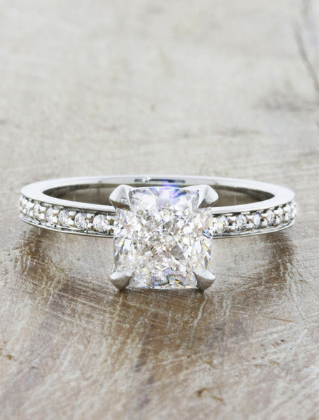 Classic solitaire pave band. caption:Customized with a 1.75ct. Cushion Cut Diamond, 18k White Gold