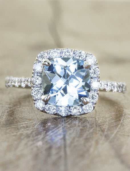 cushion cut halo aquamarine diamond engagement ring