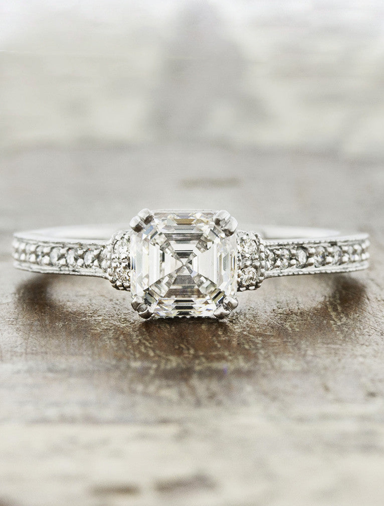 caption:Shown with asscher cut diamond in platinum