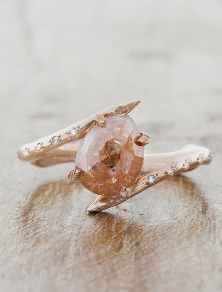 unique asymmetrical engagement ring;caption:1.30ct. Pear Rustic Diamond 14k Rose Gold
