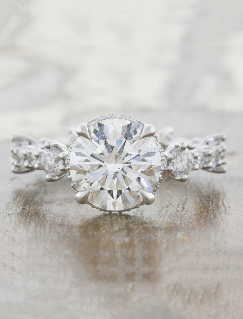 Vintage Inspired Diamond Engagement Ring. caption:Shown with a 3ct round center diamond