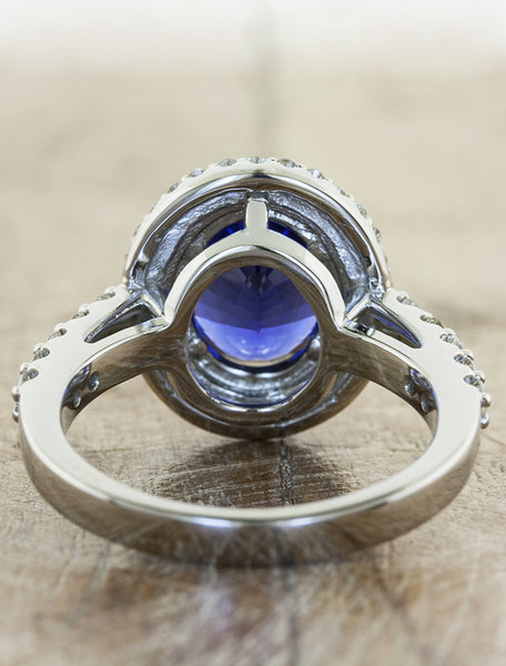 double halo oval sapphire engagement ring - rear view