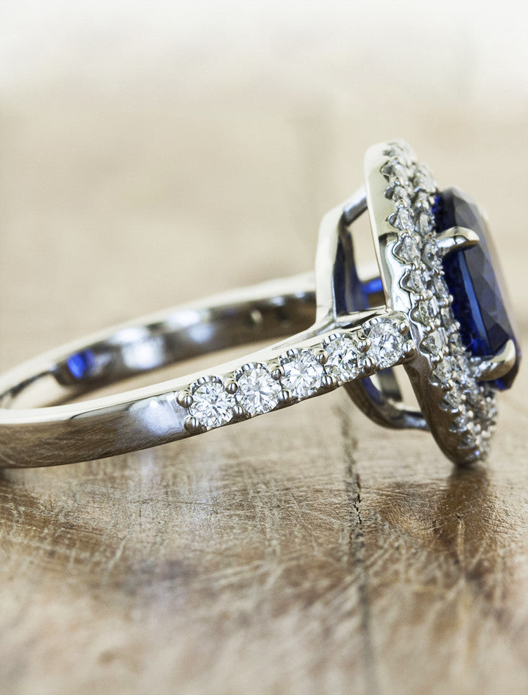 double halo oval sapphire engagement ring - side view
