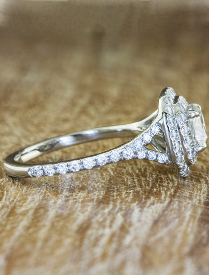 Laurette: Double Halo Diamond Ring, Split Arch Band Ken Dana