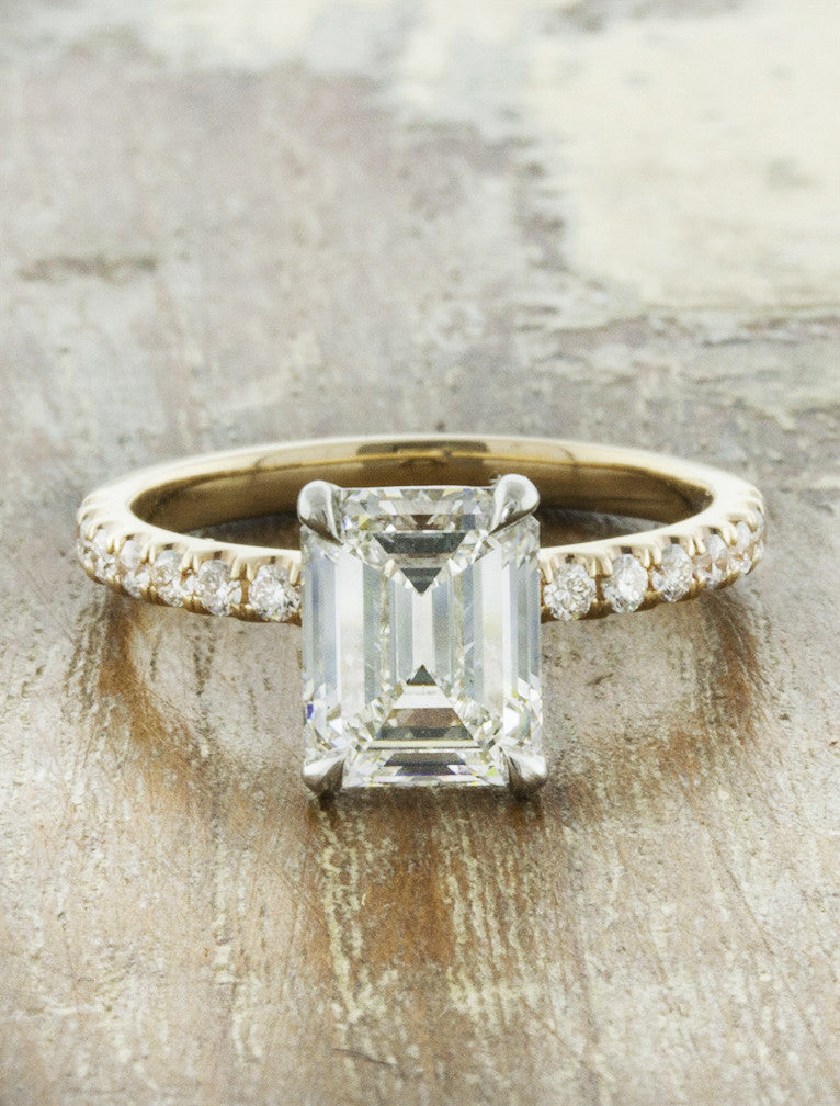 classic emerald cut diamond solitaire engagement ring, mixed metal setting - yellow gold;caption:1.50ct. Emerald Cut Diamond 14k Yellow Gold and Platinum