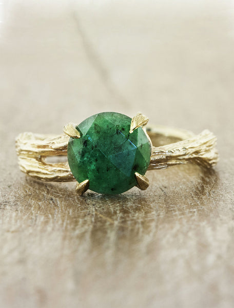 unique asymmetrical band bark texture. caption:Customized with an 1.70ct round rose cut Emerald, 14k Yellow Gold