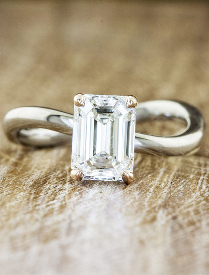 wave band emerald cut diamond engagement ring;caption:1.75ct. Emerald Cut Diamond Platinum and 14k Rose Gold