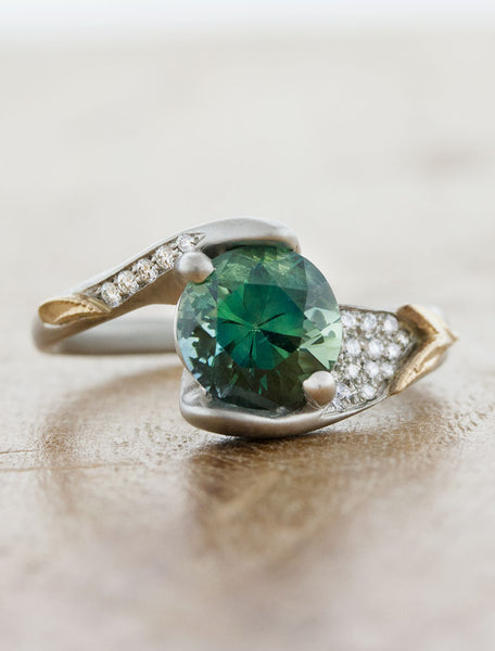 unique green sapphire and diamond, asymmetrical mixed metals engagement ring