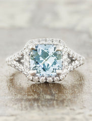 halo cushion cut aquamarine platinum diamond-accented double arching band