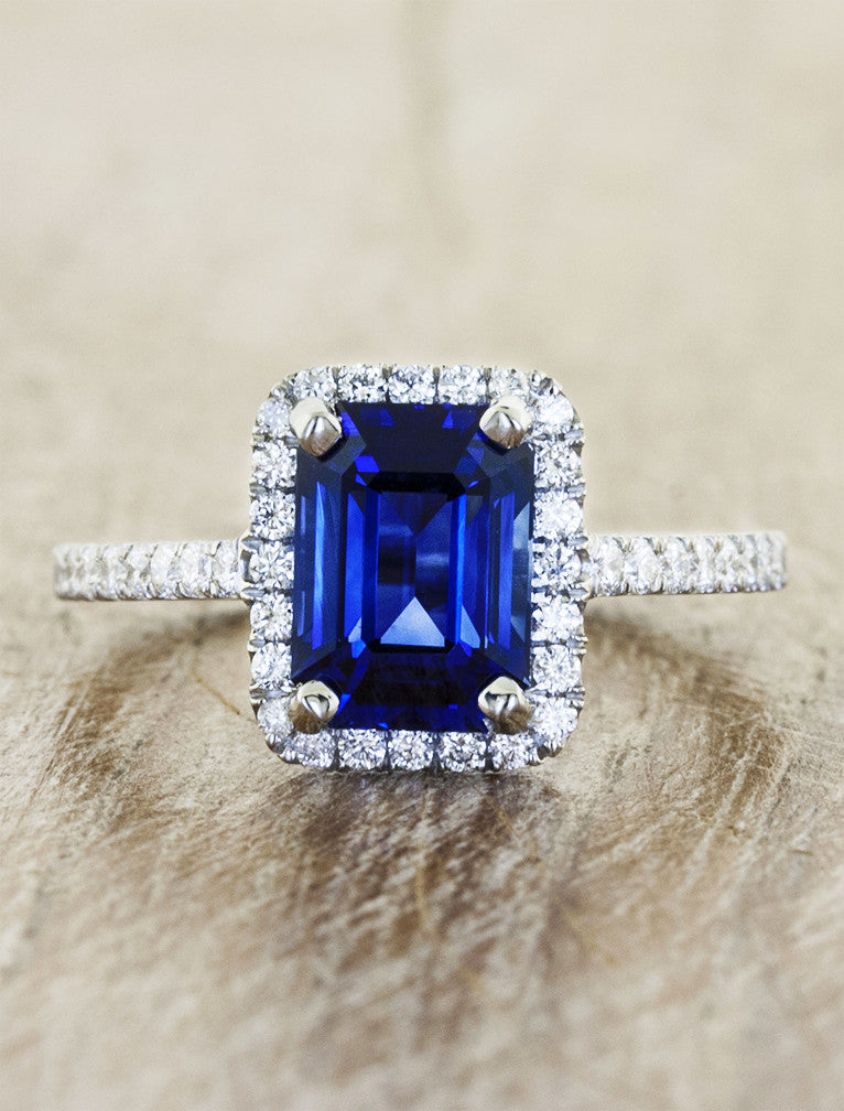 Emerald cut halo. caption:Customized with a 2.50ct. Emerald Cut blue Sapphire 14k White Gold