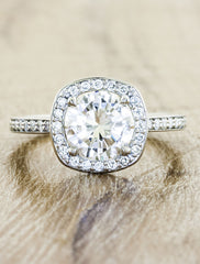 halo diamond engagement ring, pave band. caption:Customized with pavé diamonds on band