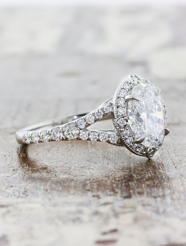 Halo Oval Diamond Vintage Inspired Engagement Ring - side