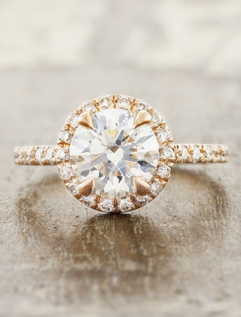 halo round diamond engagement ring in rose gold band caption:1.00ct. Round Diamond 14k Rose Gold