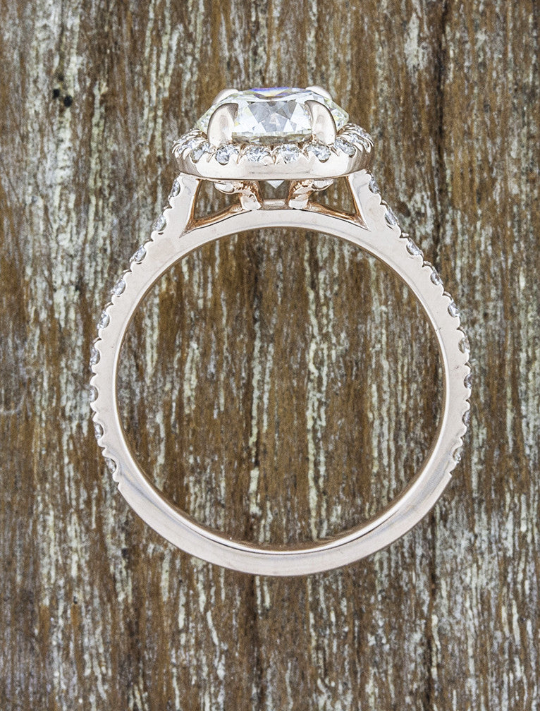 halo round diamond engagement ring in rose gold band