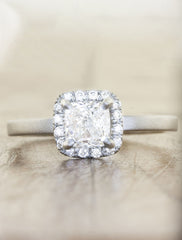 halo cushion cut diamond ring, brushed white gold setting