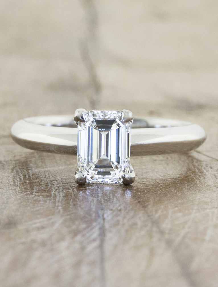 modernist emerald cut diamond engagement ring, knife edge band
