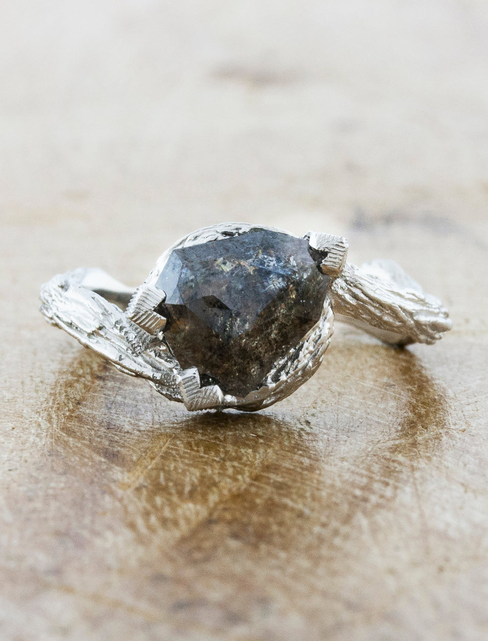 Maple: Trillion Cut Morganite in Tree Bark Band Ring | Ken & Dana