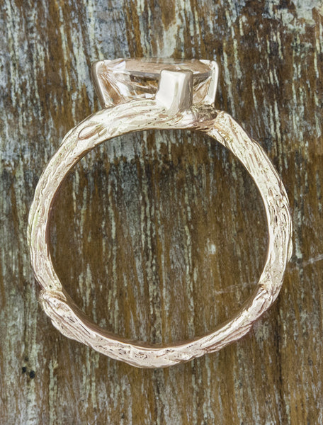 trillion cut morganite engagement ring, tree bark band